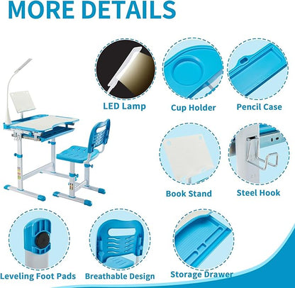Diroan Kids Functional Desk and Chair Set, Ergonomic Height Adjustable Children School Study Desk with Tilt Desktop, Book Stand, LED Light, Metal Hook and Storage Drawer for Boys Girls(Blue)