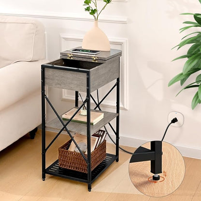 Narrow End Table with Charging Station, Grey Side Table with 3 USB Ports and 2 AC Outlets, Flip Top End Table with Storage, Bedside Table with Drawer, Side Tables Living Room, Bedroom