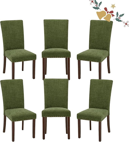 Parsons Dining Chairs Set of 6, Upholstered Nailhead Dining Room Kitchen Side Chair with Thick Cushions and Wood Legs, Green