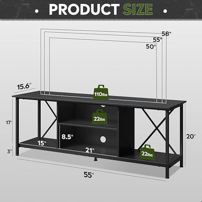 WLIVE TV Stand up to 65 Inch TV, 55" Entertainment Center, Industrial TV Console with Open Storage Shelf for Living Room and Bedroom, Black