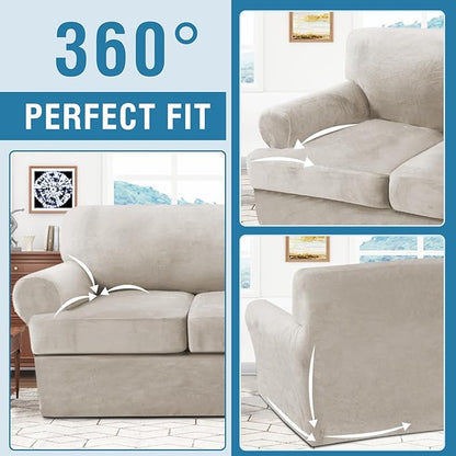 H.VERSAILTEX Sofa Cover 2 Piece T Cushion Armchair Slipcovers Thick Velvet Couch Cover Stretch T Cushion Sofa Covers for 1 Cushion Couch with 1 Individual T Cushion Covers, French Oak