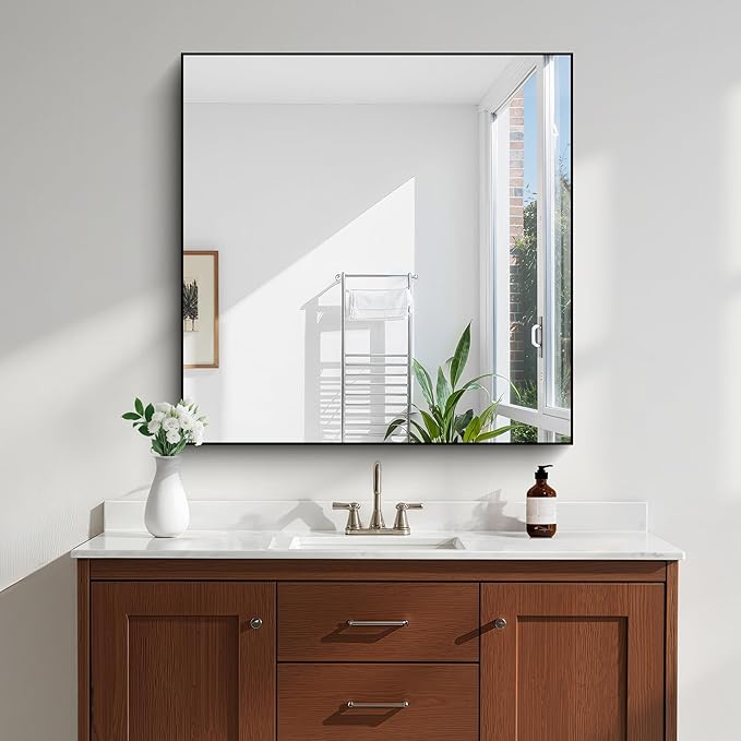 KOCUUY 36x36 Inch Large Black Wall Mounted Mirror,Aluminum Framed Decorative Rectangular Bathroom Mirror for Wall Over Sink,Vanity Mirror for Bedroom Living Room Bathroom,Functional Oversized Mirror
