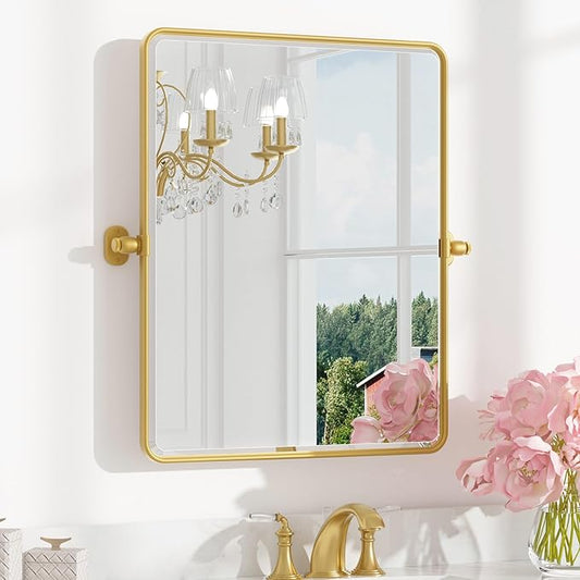 Keonjinn Pivot Mirror Bathroom, 24x30 Inch Gold Tilt Mirror Bathroom for Over Sink, Brushed Gold Framed Mirrors for Bathrooms, Adjustable Beveled Rounded Corner Tilt Wall Mirrors, Horizontal/Vertical