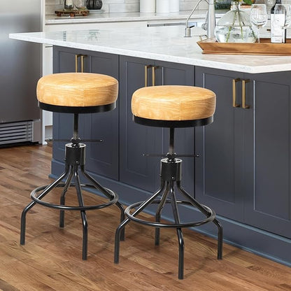Swivel Bar Stools Set of 2 Adjustable Swivel Round Barstools Modern PU Leather 28inch Backless Counter Height Stool Metal Industrial Bar Chair for Kitchen Island (2, Ash Wood PU Leather)