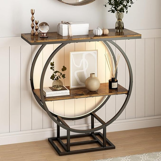 Console Tables, Entryway Table with Motion Sensor Light, 30" Height Behind Couch Sofa Table, Industrial Furniture, Hallway Table for Living Room, Entrance, O-Shaped Metal Frame, Rustic Brown