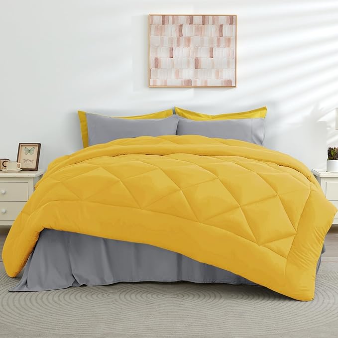 HEVUMYI King Comforter Set - 7-Piece All Season Bed in a Bag King, Ultra Soft Bedding Set with Comforter, Flat Sheet, Fitted Sheet, Pillowcases, Pillow Shams, Yellow & Light Grey