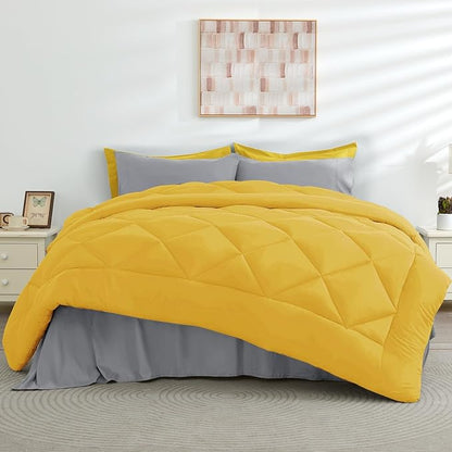 HEVUMYI King Comforter Set - 7-Piece All Season Bed in a Bag King, Ultra Soft Bedding Set with Comforter, Flat Sheet, Fitted Sheet, Pillowcases, Pillow Shams, Yellow & Light Grey