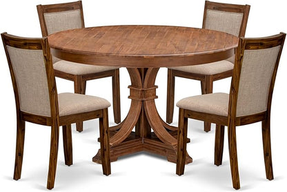 F7MZ5-50N-04 5-Pc Dining Table Set Includes a Pedestal Dinner Table and 4 Light Tan Polyester Fabric Parson Chairs with Padded Back- Antique Walnut