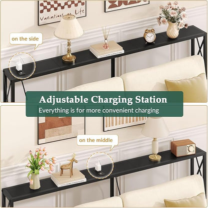 Console Table Narrow Long, Behind Couch Table with Oulets & USB Ports, Industrial Long Skinny Stand for Entryway,Hallway, Living Room, Bedroom Black, 7.9" D x 70" W x 24.8" H