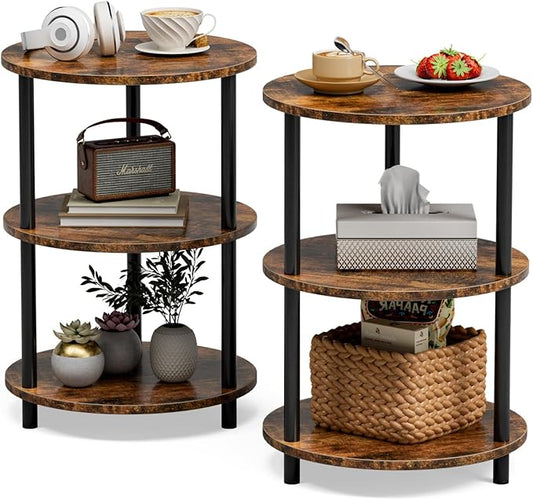 Small Round End Table - 3 Tier Design Accent Table, Narrow Side or Bedside Stand, Industrial Vintage Nightstand for Bedroom, Living Room, or Small Spaces, Set of 2, Rustic Brown