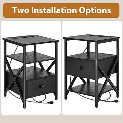 End Table with Wireless Charging Station, Black Side Tables Living Room with Outlet, End Table with Wood Drawer, Night Stand with Storage for Bedroom, Bedside Tables
