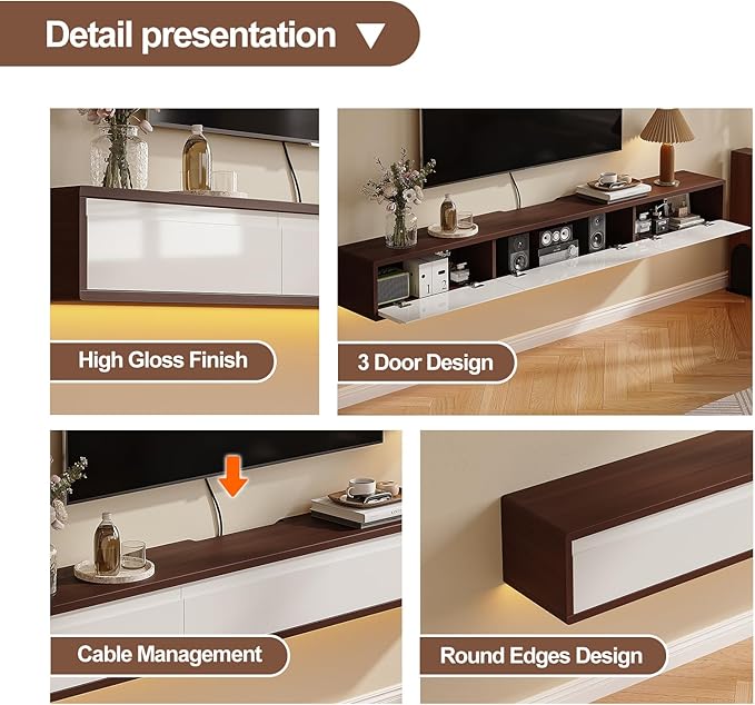 Floating TV Stand High Gloss,70'' Wall-Mounted TV Cabinet,Floating TV Console,Under TV Shelf with 3 Doors for Living Room Bedroom(Walnut+White)