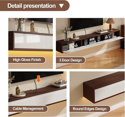 Floating TV Stand High Gloss,70'' Wall-Mounted TV Cabinet,Floating TV Console,Under TV Shelf with 3 Doors for Living Room Bedroom(Walnut+White)