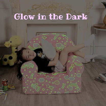 Rainbow Unicorn Kids Sofa with Star Throw Pillow, High Back Toddler Chair Glow in The Dark for Boys and Girls, Pink