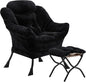 Lazy Chair with Folding Ottoman, Accent Chair Plush Upholstered with Metal Structure and Non-Slip Pads, Sofa Armchair with Footrest and Side Storage Bag for Dorm, Room, Office, Black
