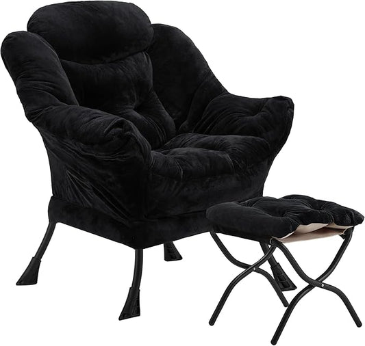 Fabric Lazy Chair with Ottoman, Oversized Upholstered Sofa Chair for Adults, Plush Comfy Lounge Chair with Large Side Storage Pocket, Reading Chair for Living Room, Bedroom, Study Room, Black