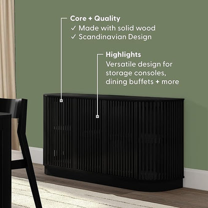 Plank+Beam Contour Wood TV Stand, Three Door Solid Wood Entertainment Console with Storage, 59" L x 16" W x 30" H, Black