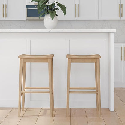 Plank+Beam Smythe Bar Stool, 30", Set of 2, Sturdy Wood Modern Kitchen Bar Height Stool, Saddle Seat Backless Counter Chair, Metal Footrest, Blonde