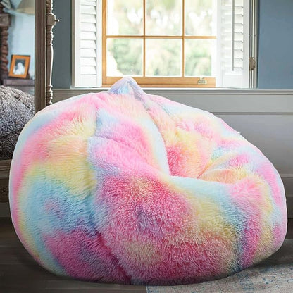Fluffy Bean Bag Chair, 3FT Round Memory Foam Filled Bean Bag for Teens & Kids, Ultra Soft Faux Fur Fabric Bean Bag Chairs for Playroom, Living Room, Bedroom, Rainbow