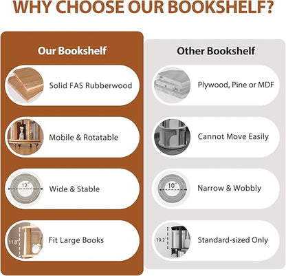 Solid Wood Rotating Bookshelf on Wheels, 6 Tier, Round Revolving Bookcase, 360° Spinning Book Shelf Tower for Kids, Narrow Rolling Bookshelves for Small Space, Corner, Bedroom, Office, Natural