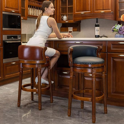 Cow top Leather Wooden Set of 2 Bar Stools, 29.5" Bar Height Bar Chair with Back, 180 Degrees Swivel Barstools Chair for Home Kitchen Counter,Dining Room, Restaurant,Study and Pub