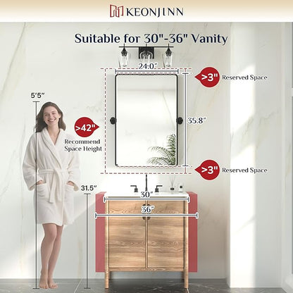 Keonjinn 24 x 36 Inch Pivot Mirror Bathroom, Brushed Nickel Tilt Mirror Bathroom for Wall, Beveled Pivot Rectangle Mirrors for Over Sink, Farmhouse Metal Framed Vanity Mirrors, Horizontal/Vertical
