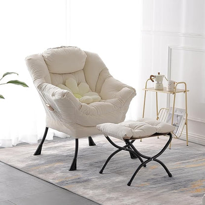 LITA Lazy Chair with Ottoman, Accent Contemporary Lounge Single Leisure Upholstered Sofa Set Armrests and a Side Pocket, Reading for Living Room & Bedroom, Beige 10.6D x 28.3W x 36.6H in