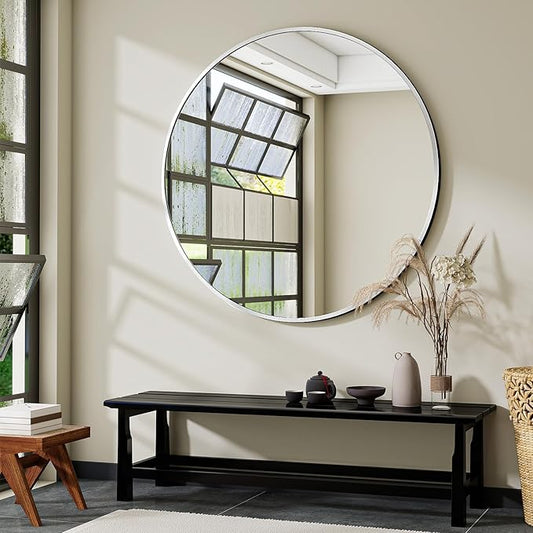 Silver Round Bathroom Mirror, 48 inch Large Circle Wall Mounted Hanging Mirror with Simple Modern Circular Metal Frame for Hallway, Entryway, Living Room, Silver Frame