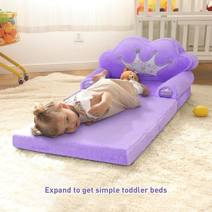 MOONBEEKI Toddler Chair Comfy，Foldable Princess Couch for Girl, Toddler Recliners for Kids Over 18 Months, Kids Sofa Bed Fold Out(Purple)