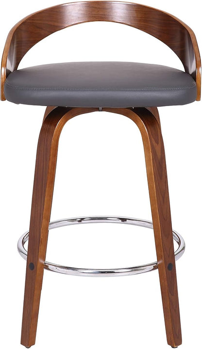 Armen Living Sonia 26" Counter Height Swivel Gray Faux Leather and Walnut Wood Bar Stool