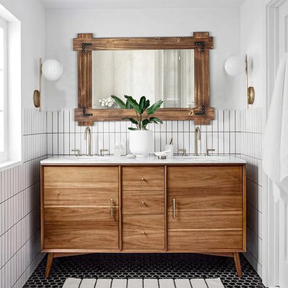 MeMoreCool Rustic Wood Mirror for Bathroom, Decorative Framed Farmhouse Vanity Mirror, Wall Mounted Rectangular Mirror for Bedroom or Living Room, Small 20x30 Inch