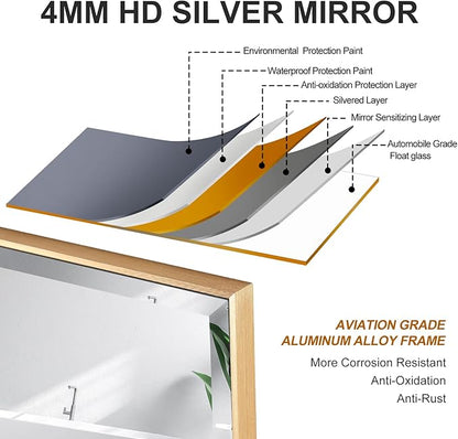 30x30 Inch Gold Mirror with Beveled Trim, Aluminum Frame Bathroom Vanity Mirror, Copper-Free Mirror, Rectangle Wall Mounted Mirror, Modern Rectangular Mirror Horizontal or Vertical