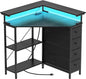 Corner Desk with Drawers Shelves for Small Space 90 Degrees Triangle Computer Desk with Power Outlets,Gaming Desk with LED Lights Monitor Stand for Home Office Workstation Writing Table (Black)