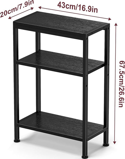 Narrow Side Table for Small Space Set of 2,3-Tier Small End Table with Shelf Holder, Slim Nightstand, Skinny Snack Couch Table in Living Room, Bedroom, Study, Kitchen and Balcony（Black