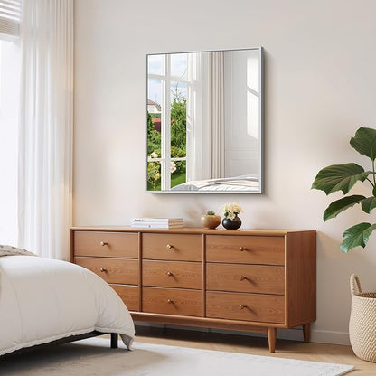 YIROMAN Bathroom Mirror 30"x36", Brushed Silver Bathroom Mirror for Over Sink with Aluminum Frame, Rectangular Vanity Mirror with Right Angles, Wall Mirror Hangs Horizontal or Vertical, Shatterproof