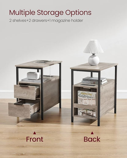 VASAGLE Side Table with Charging Station, Narrow End Table with 2 Drawers, Slim Nightstand and Bedside Table with Storage, for Small Spaces, Greige + Black