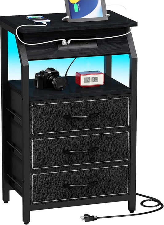 End Table with 3 Drawers, Nightstand with Charging Station and LED Lights, Small Fabric Dresser for Bedside, Storage Side Table for Living Room Dorm, Black