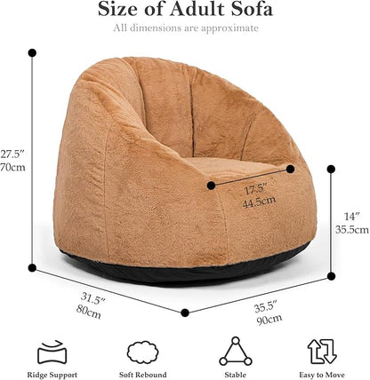 N&V Medium Shell Bean Bag Chair, Adult Size Bean Bag Sack, Foam Filling, Includes Removable and Machine Washable Cover, 37in, Soft Faux Fur (Brown, Medium)