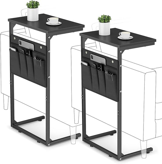 Vagusicc C Shaped End Table Set of 2, Tall Side Table for Sofa, Small Couch Side With Storage Bag, TV Tray for Small Spaces, Sturdy Slide Under Sofa With Metal Frame for Living Room
