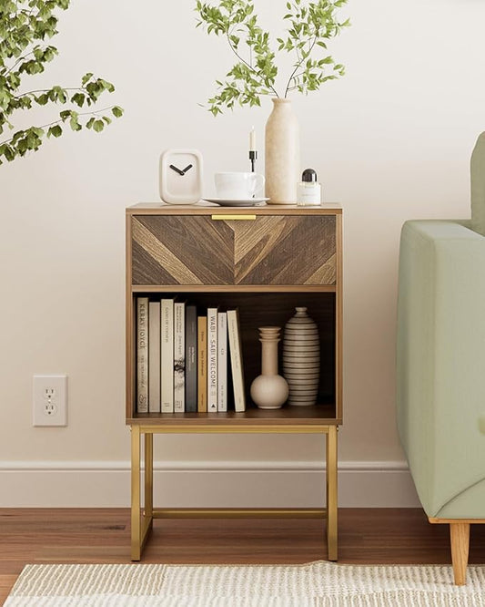 Nightstand,Modern Night Stand Boho Farmhouse Wood Bedside Table with Storage Drawer and Open Shelf,Side End Table for Bedroom,Living Room,Walnut
