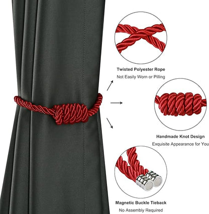 BEL AVENIR Magnetic Curtain Tiebacks, Decorative Drapery Holdbacks Modern Woven Tie-Backs with Exquisite Knot (Red, 4 Pack)