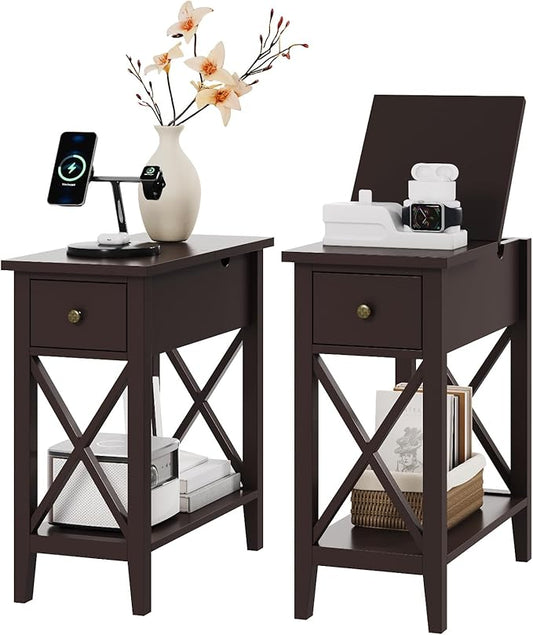 ChooChoo End Table Set of 2, Flip Top Narrow End Table with Drawer, Accent Small Side Table Nightstand for Living Room, Bedroom, and Small Spaces, Espresso
