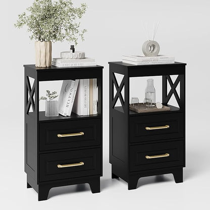Tall Nightstand Set of 2 Side Table with 2 Drawers Modern Night Stand Wooden End Table Bedside Table with Upper Open Shelf Solid Feet for Bedroom, Living Room, Black