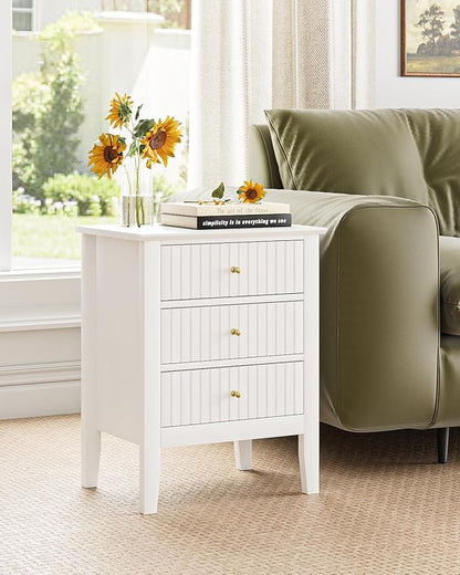 Fluted Nightstand, Farmhouse Night Stand with 3 Drawers, Mid Century Modern Side Accent Table,Bedside End Table for Bedroom, Living Room, White