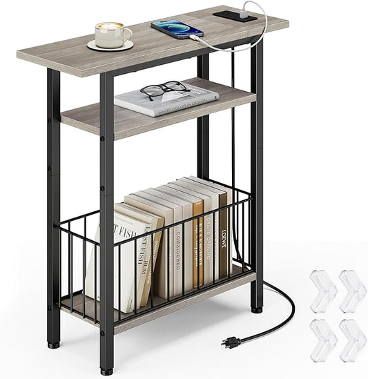Vagusicc Narrow Side Table with Charging Station, Skinny Side End Table for Couch, 3-Tier Small End Tables for Small Spaces, 25.2" Tall Slim Nightstand Bedside Table for Living Room, Bedroom, Greige