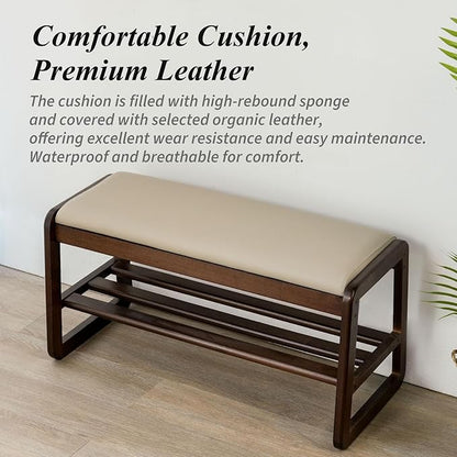 Shoe Bench, Entryway Bench with Leather Cushion, Solid Wood Shoe Rack, Mid Century Modern Bench, Shoe Storage, Shoe Organizer for Entryway (Grey, 31.5" W)