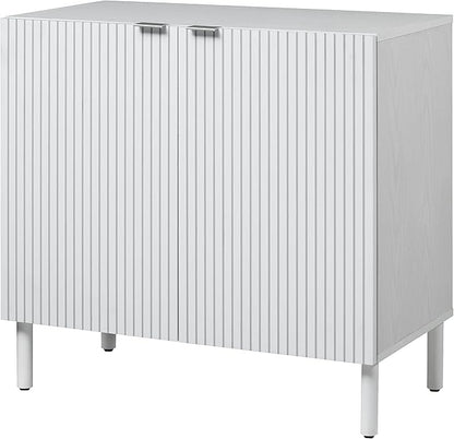 Sango Merk 2-Door Cabinet, Modern White Storage Cabinet with Vertical Groove Doors, Adjustable Shelf, Cylindrical Wood Legs, Discreet Metal Finger Pulls, Stylish Furniture for Living or Dining Room