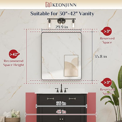 Keonjinn Black Framed Mirrors for Bathroom 30 x 36 Inch Rounded Rectangle Wall Mirror, Matte Black Farmhouse Bathroom Vanity Mirror with Seamless Metal Frame, HD Tempered Glass(Horizontal/Vertical)