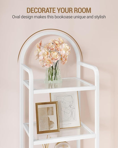 Bookcase Bookshelf, Tempered Glass Bookshelves, Slim Shelving Unit for Bedroom, Bathroom, Home Office, Steel Frame, 5 Tier White BC05099W