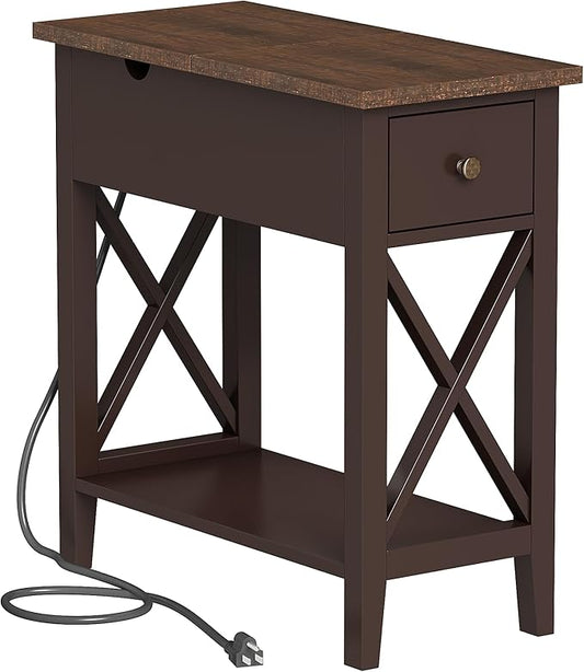 ChooChoo End Table with Charging Station, Narrow Side Table with USB Ports and Outlets, Nightstand with Drawer, for Small Spaces, Bedside Tables for Living Room Espresso